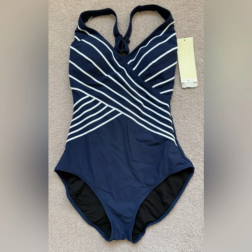 Gottex - EMBRACE V-NECK SURPLICE ONE PIECE SWIMSUIT - Navy White Striped